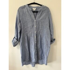 J. Jill Love Linen Blue Pintuck Button Front Tunic Shirt Womens Med Long Sleeve